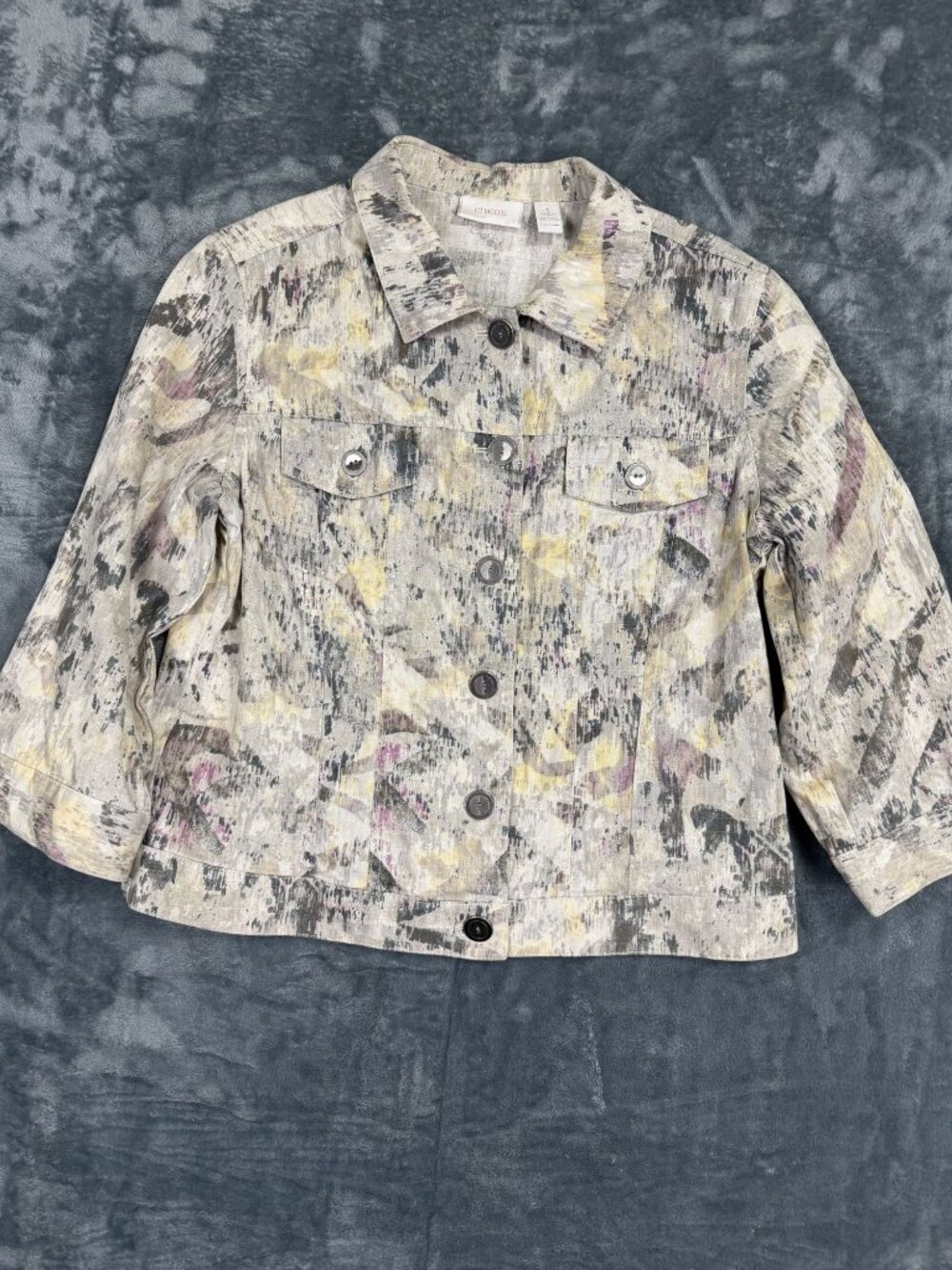 Chicos Abstract Print Button-Front Jacket Size 1 Linen Cotton Blend